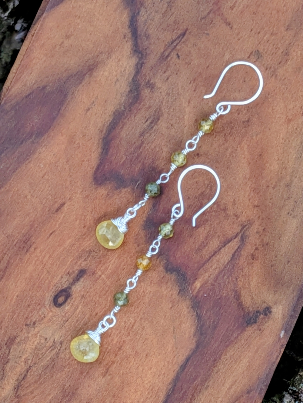 Earthy Green Garnet Earrings Dainty Sterling Silver Elegant Dangle Drop - Picture 6 of 12